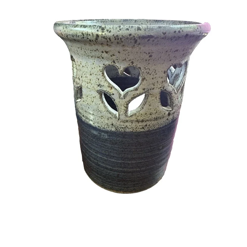Paul Corbin Art Studio Pottery Stoneware Blue Gray Floral Cutout Utensil Holder